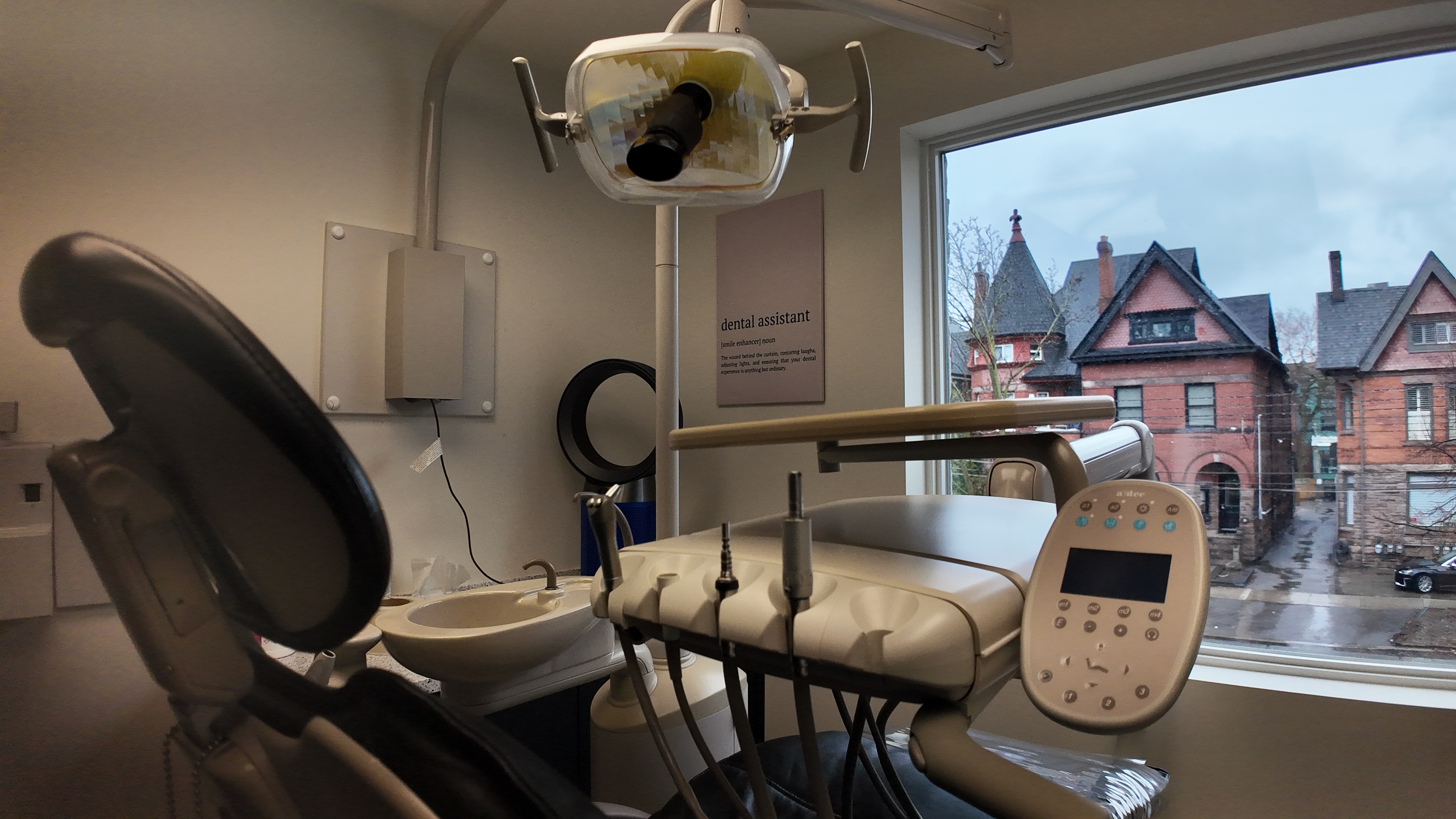 Close-up of a treatment chair and delivery setup.