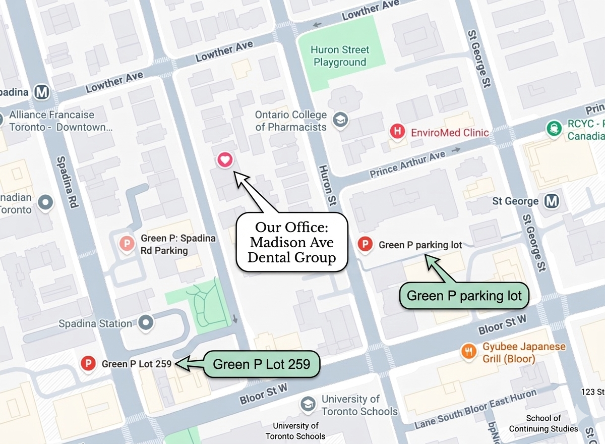 Map showing Madison Ave Dental Group and nearby Green P parking locations.